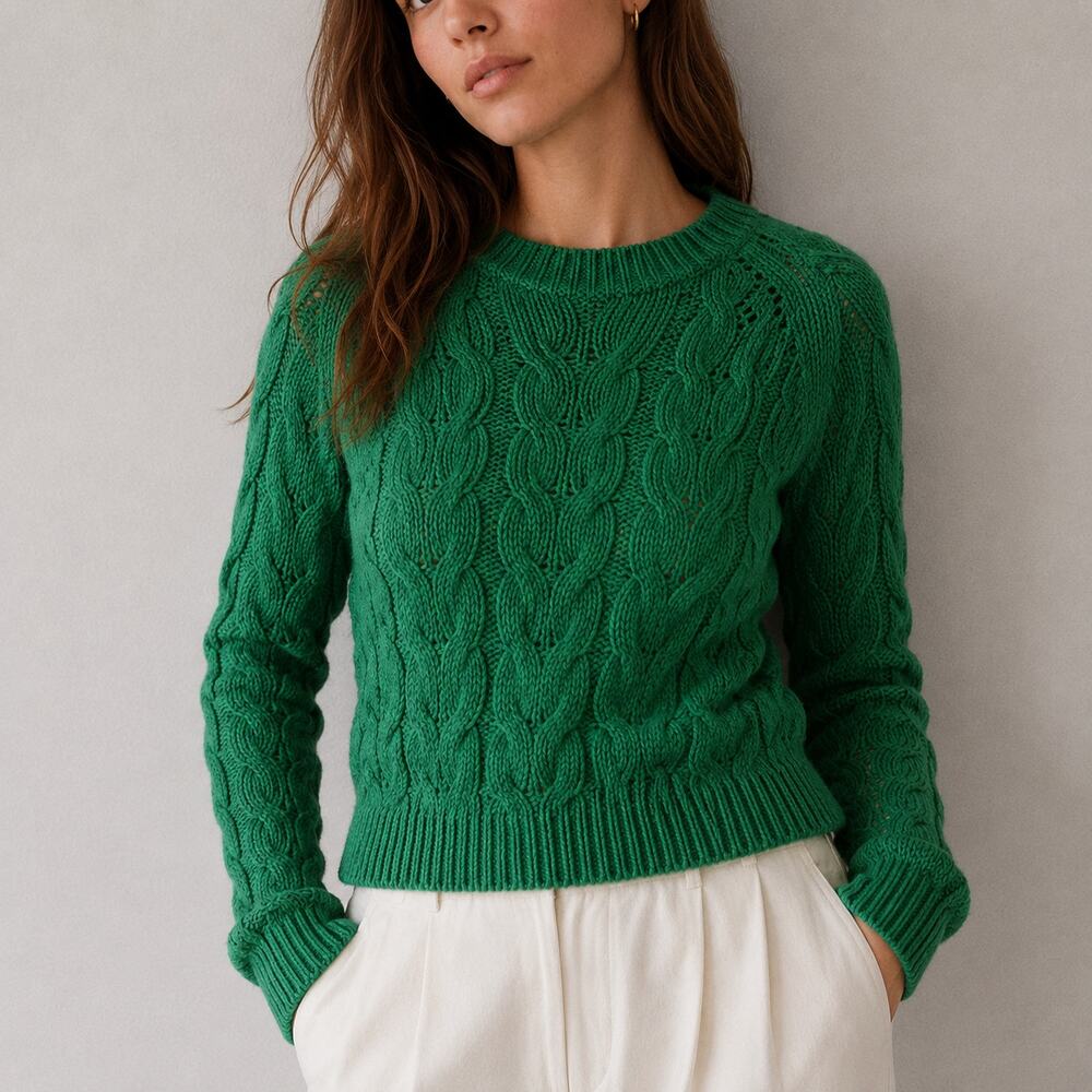 Massimo Dutti Sweater Womens XS Green Knit Cotton Round Neck Long Sleeve